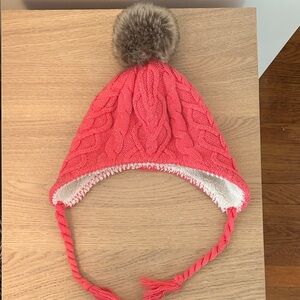 Hanna Andersson Coral Knit Hat with Brown Pom Pom